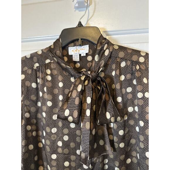 Vintage Givenchy Shirt Womens Size 4 Brown Silk Polka Dot Tie Neck Blouse 80s - Picture 4 of 10